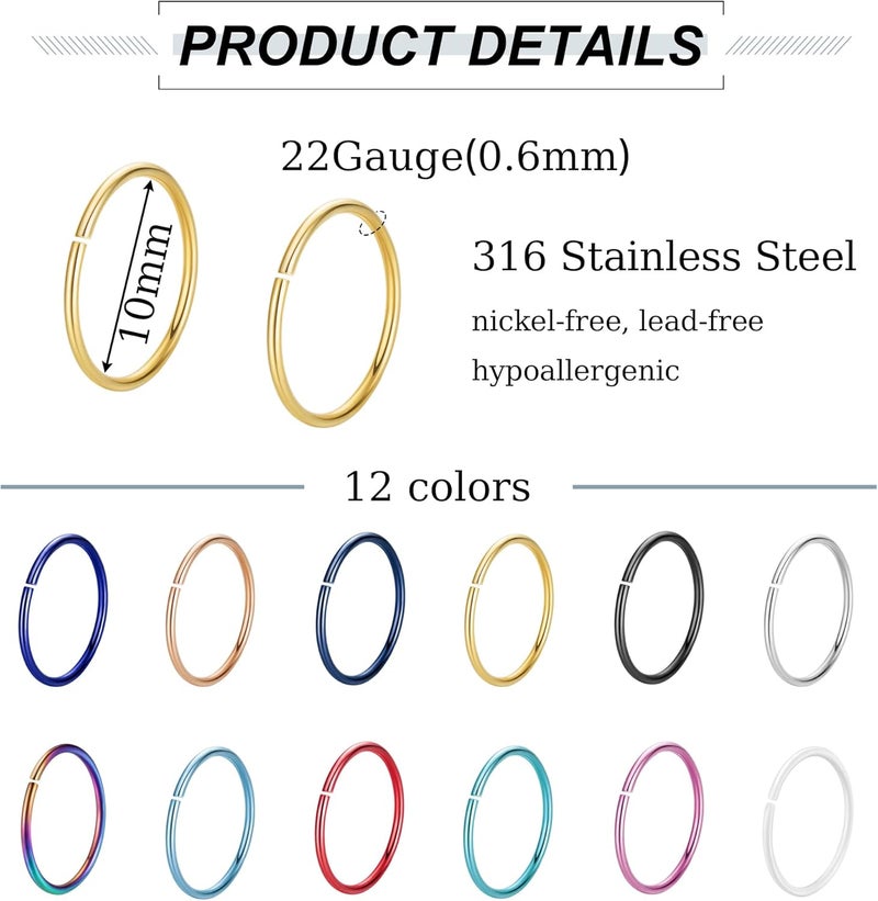 NICEIGHT 18G 20G 22G Stainless Steel Nose Rings Hoops for Women Men Cartilage Helix Earring Hoops Lip Rings Nose Piercing Jewelry - Image 4